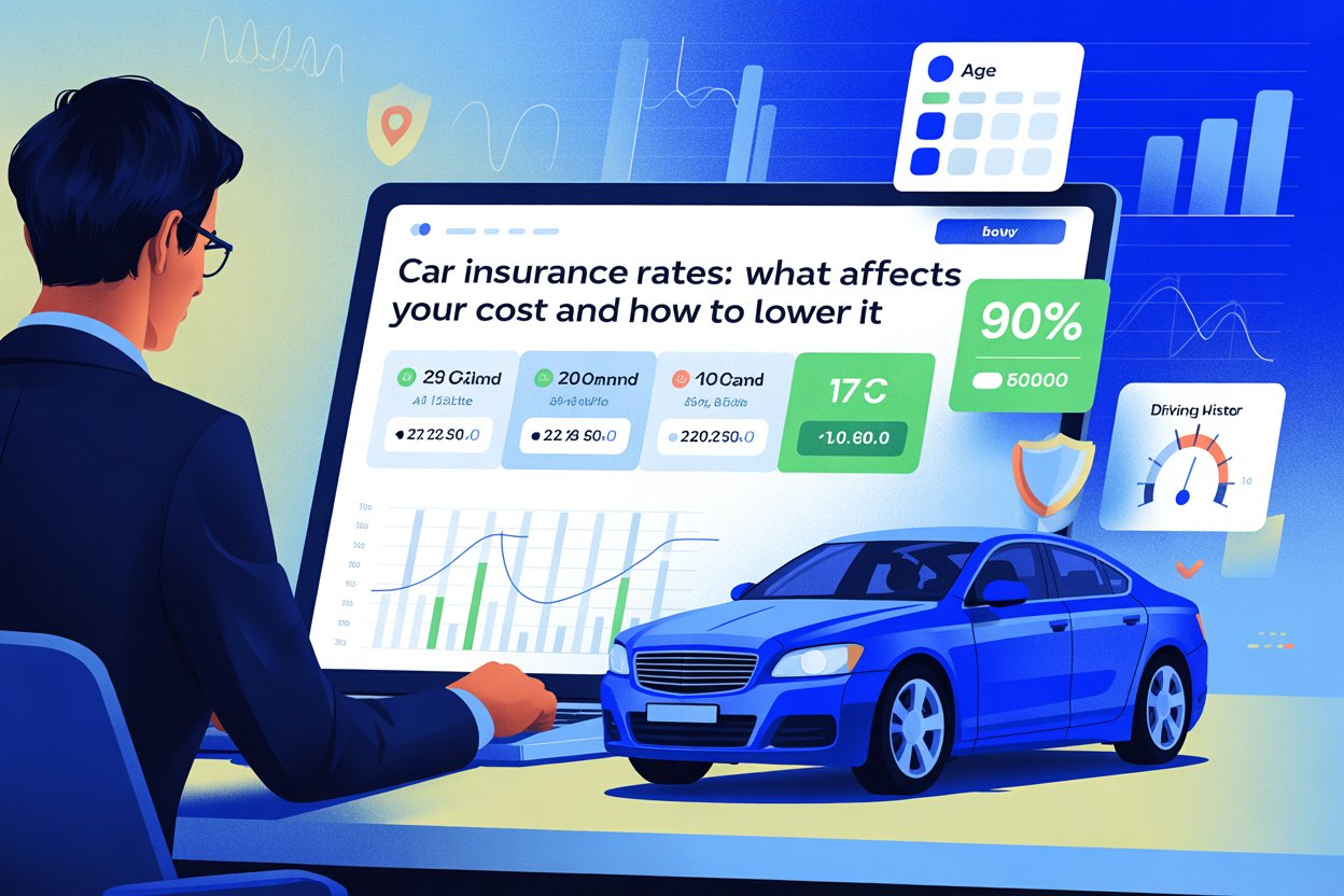 Driver comparing car insurance rates online with price charts and coverage options