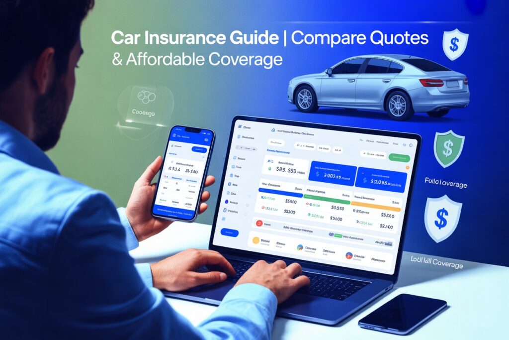 Person comparing car insurance quotes online with coverage options and pricing dashboard