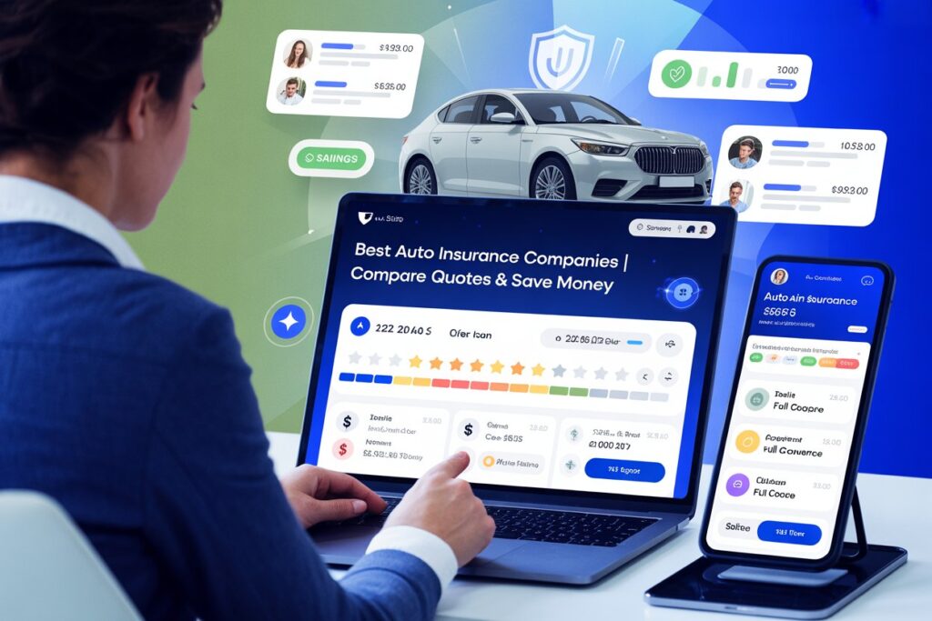 Auto insurance comparison dashboard showing quotes, coverage types, and savings options