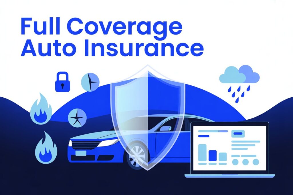 Full coverage auto insurance concept showing complete car protection and policy comparison