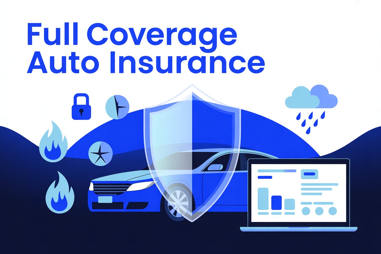 Full coverage auto insurance concept showing complete car protection and policy comparison