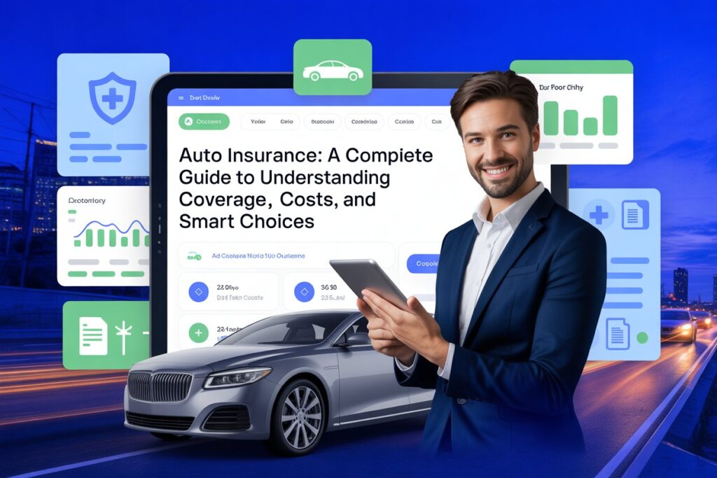 Auto insurance guide concept showing driver comparing coverage options and insurance costs online