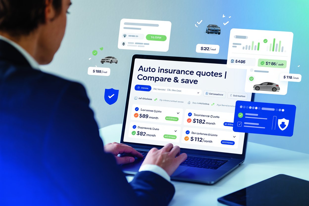 Person comparing auto insurance quotes online on laptop with car insurance options and price comparison dashboard