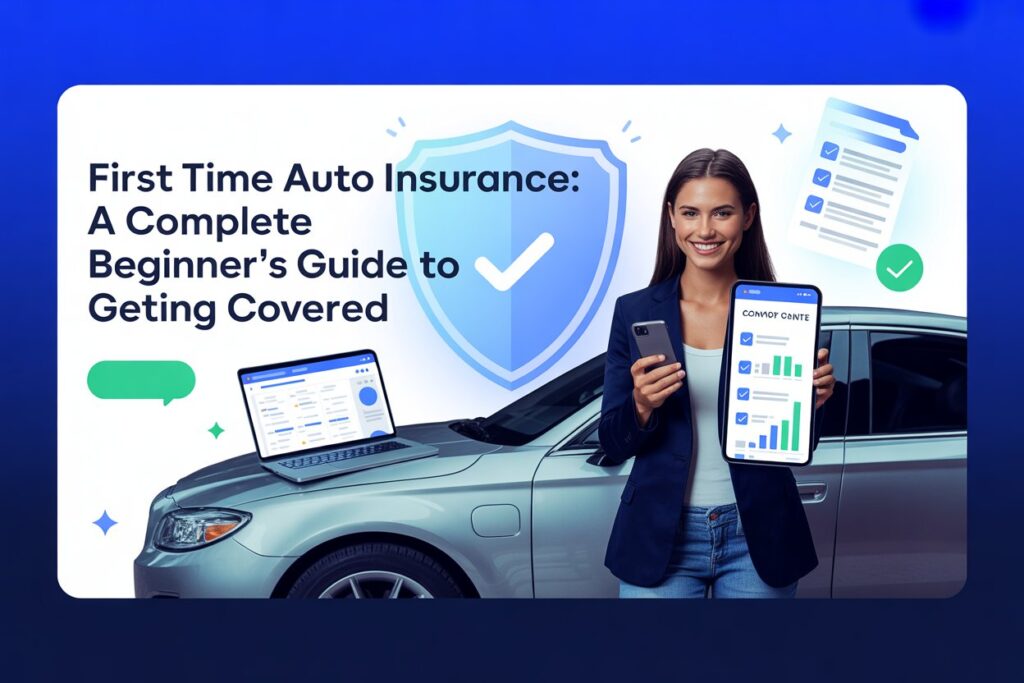 Create a modern, professional website banner with the title “First Time Auto Insurance: A Complete Beginner’s Guide to Getting Covered” clearly displayed in bold, clean typography. Show a young driver or beginner confidently standing next to a car while using a smartphone or laptop to explore auto insurance options. Include visual elements like a shield icon for protection, checkmarks, policy documents, and comparison charts. Use a clean blue, white, and light green color palette to represent trust, safety, and affordability. The design should be minimal, realistic, and suitable for a blog header image on an insurance website.