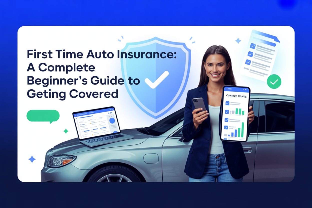 Create a modern, professional website banner with the title “First Time Auto Insurance: A Complete Beginner’s Guide to Getting Covered” clearly displayed in bold, clean typography. Show a young driver or beginner confidently standing next to a car while using a smartphone or laptop to explore auto insurance options. Include visual elements like a shield icon for protection, checkmarks, policy documents, and comparison charts. Use a clean blue, white, and light green color palette to represent trust, safety, and affordability. The design should be minimal, realistic, and suitable for a blog header image on an insurance website.