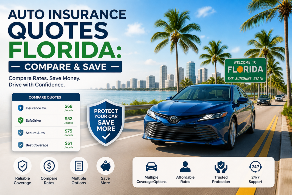“A high-quality, modern illustration of a car driving on a Florida highway with palm trees and a sunny sky in the background, representing the Florida lifestyle. Include subtle insurance-themed elements like a digital price comparison screen, shield icons, and checklist overlays around the vehicle. Clean and professional lighting, realistic style, bright blue and green tones, symbolizing trust, safety, and savings. Add elegant typography with the title ‘Auto Insurance Quotes Florida: Compare & Save’. Ultra-detailed, 4K resolution, commercial advertising style, sharp focus.”