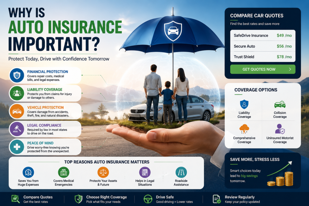 Modern infographic explaining why auto insurance is important, featuring protection coverage, car quotes comparison, financial security benefits, and coverage options like liability and comprehensive insurance.