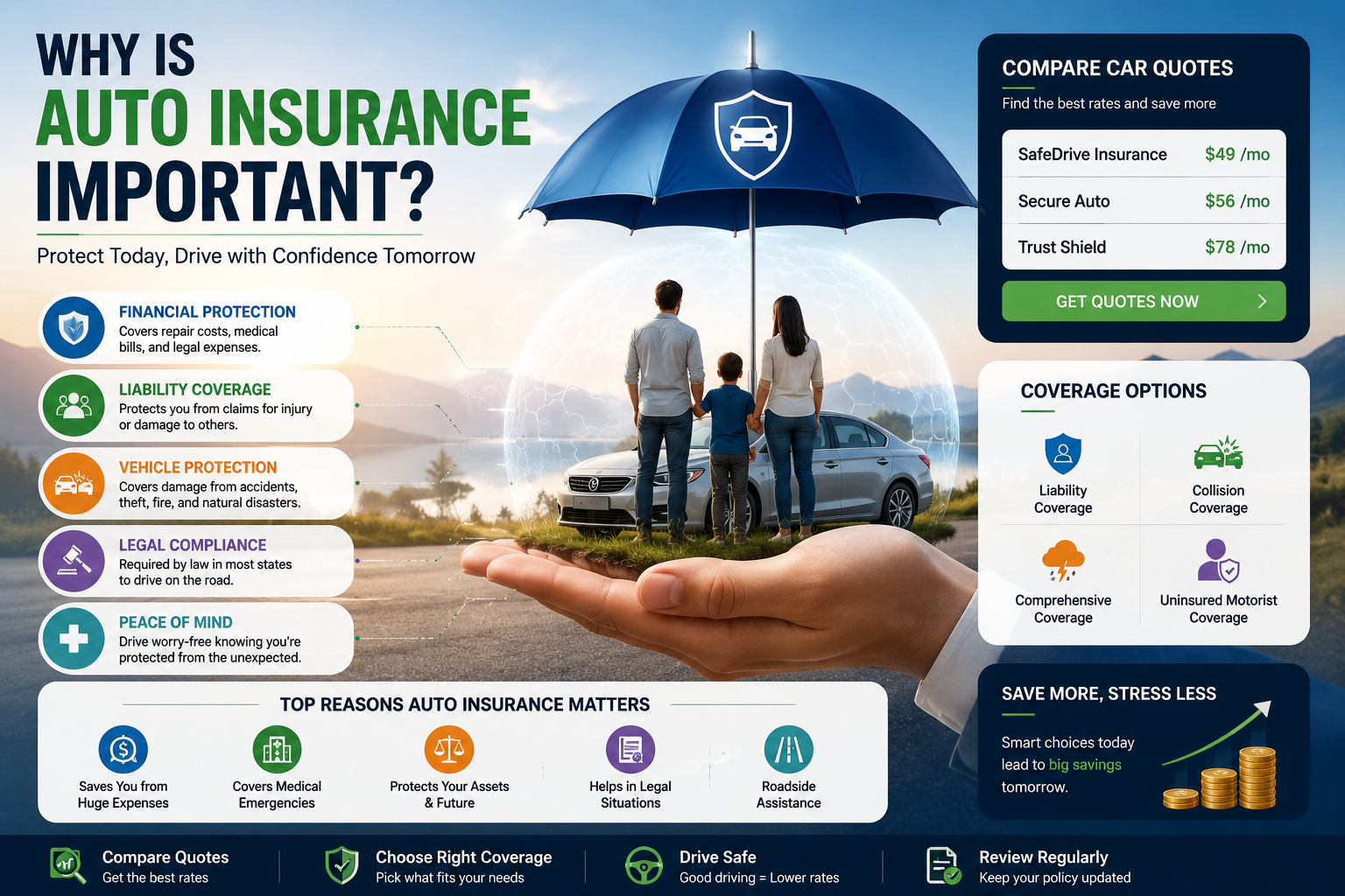 Modern infographic explaining why auto insurance is important, featuring protection coverage, car quotes comparison, financial security benefits, and coverage options like liability and comprehensive insurance.
