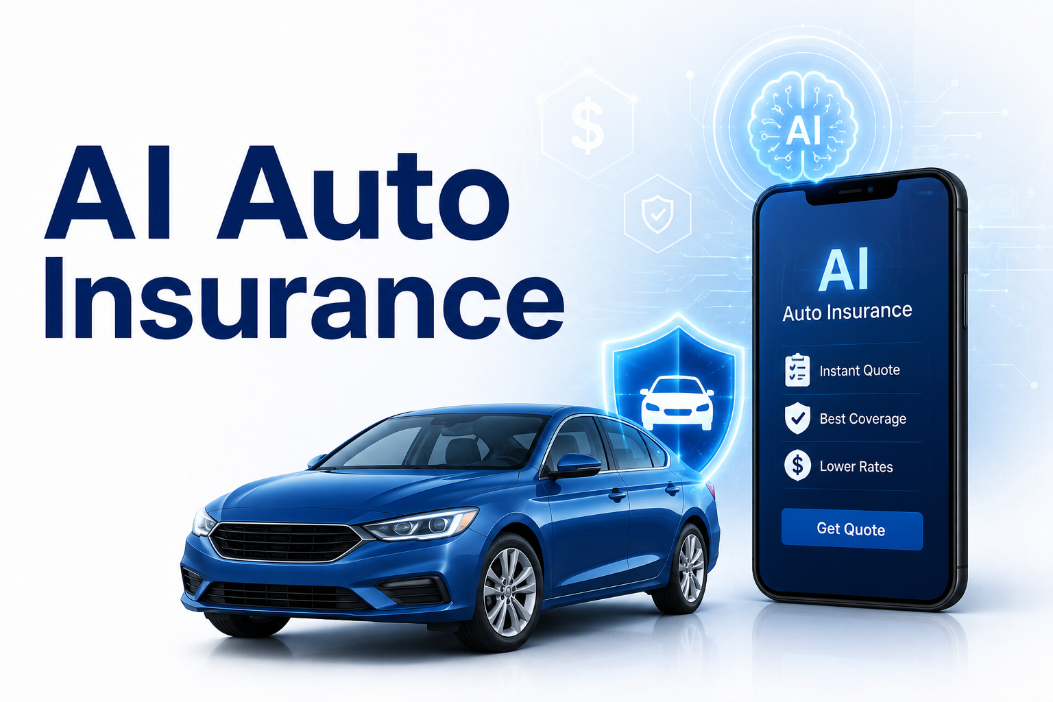 AI Auto Insurance illustration showing a car, smartphone app, and AI-powered technology for instant quotes, better coverage, and lower insurance rates.