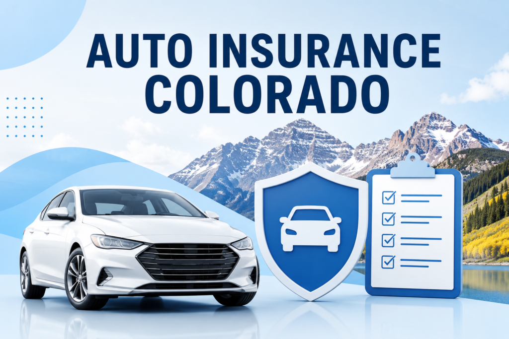 Auto Insurance Quotes Colorado banner with a white car, Colorado mountains, and auto insurance icons.