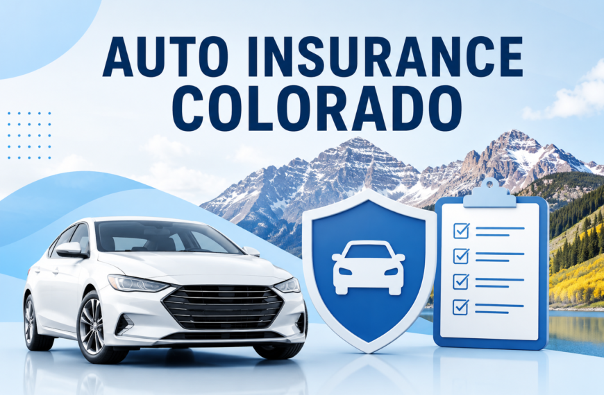 Auto Insurance Quotes Colorado banner with a white car, Colorado mountains, and auto insurance icons.